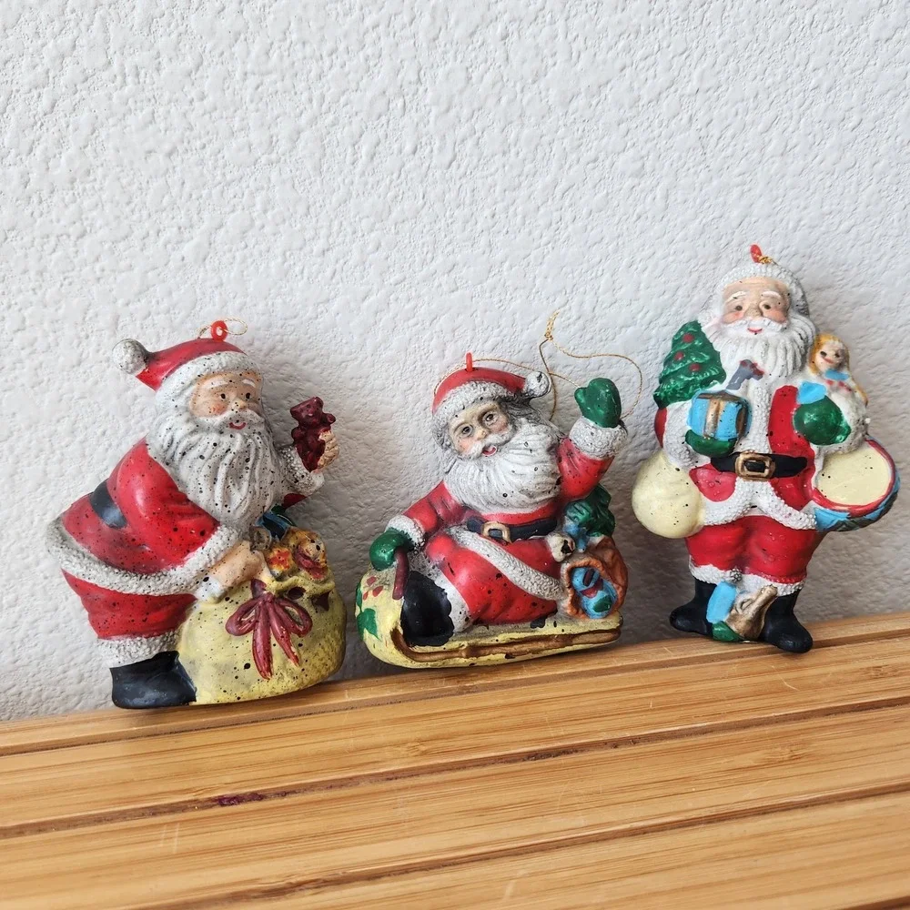 Vintage Blow Mold Plastic Santa Claus Ornament Christmas Holiday Figure Lot Of 3